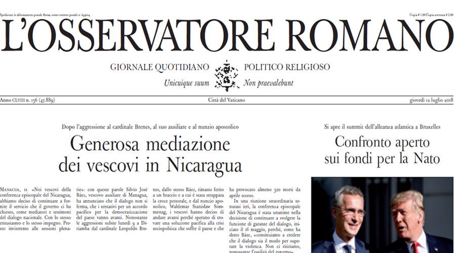 Diario del Vaticano dedica portada a agresión contra obispos en Nicaragua