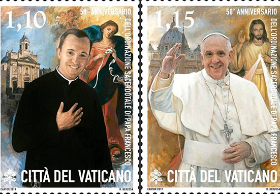 Vaticano emite estas estampillas por los 50 años de sacerdocio del Papa Francisco