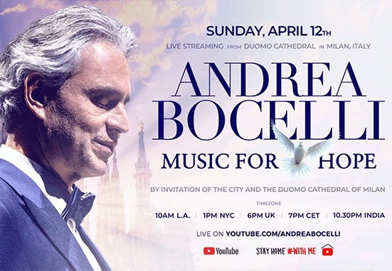 Andrea Bocelli cantará al mundo este Domingo de Pascua desde la Catedral de Milán